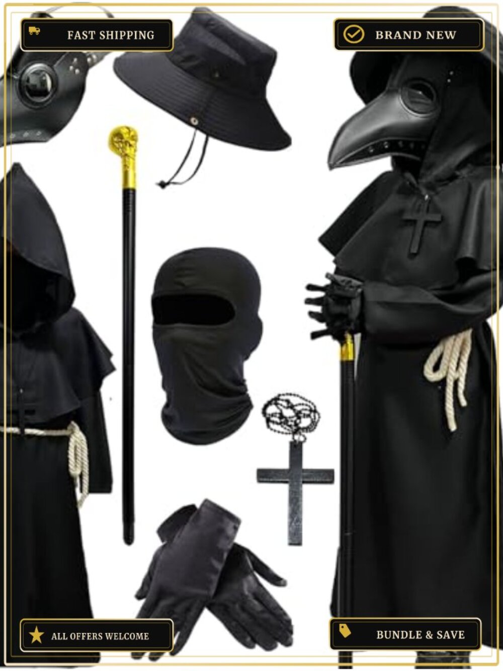 Plague Doctor Halloween Costume Kids 7-Piece PU Leather Set